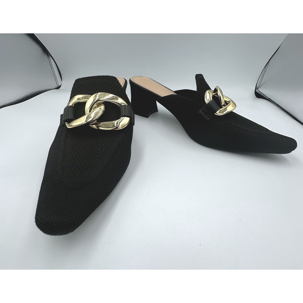 Cuccoo Black Knit Pointed Toe Mules‎ Chunky Gold Chain Block Heel US 9.5 EU 41
